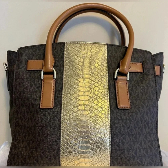 MICHAEL KORS Hamilton Brown Signature Saffiano Satchel with Gold Croc Trim - Picture 2 of 5